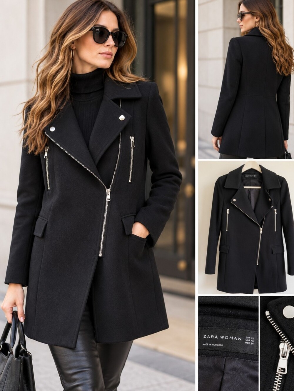 Zara Black Wool-Blend Asymmetric Zip Coat